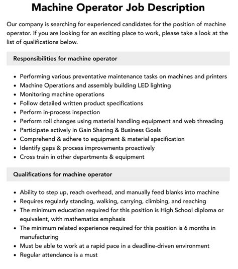 machine operator jobs description